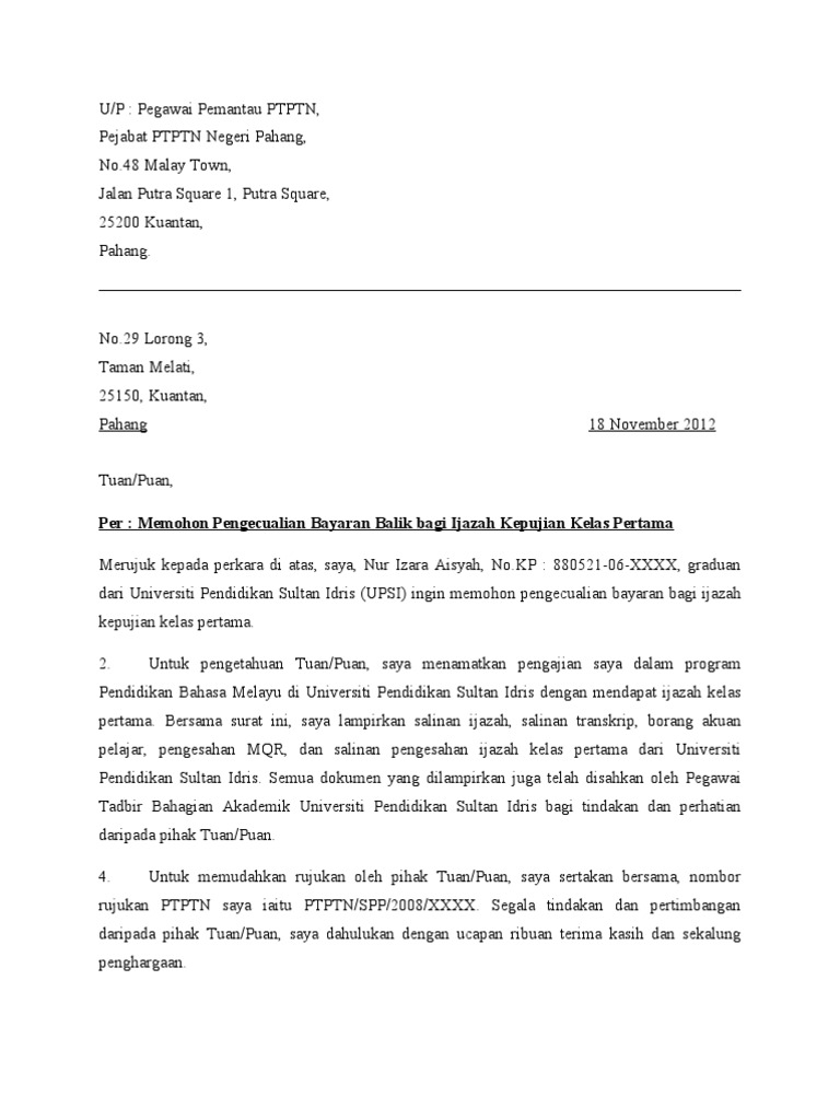 Contoh Surat Rasmi Pengecualian Kelas