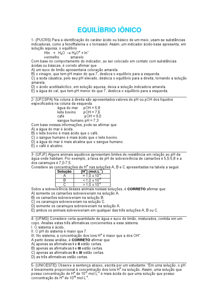 Exercícios sobre Equilíbrio Iônico e pH | PDF | Ph | Ácido