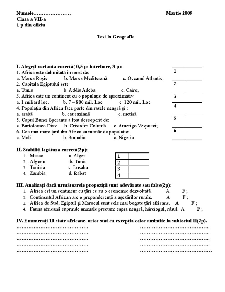 Test Clasa A Vii A Geografie Martie 2009 Africa