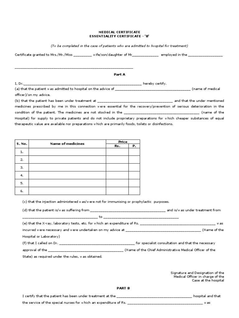 Essentiality Certificate B Hospital Patient