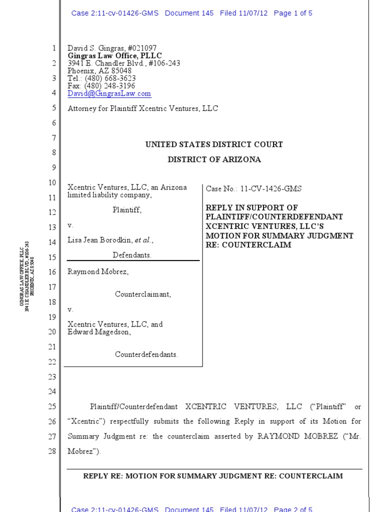 145 Reply Iso Msj Summary Judgment Lawsuit