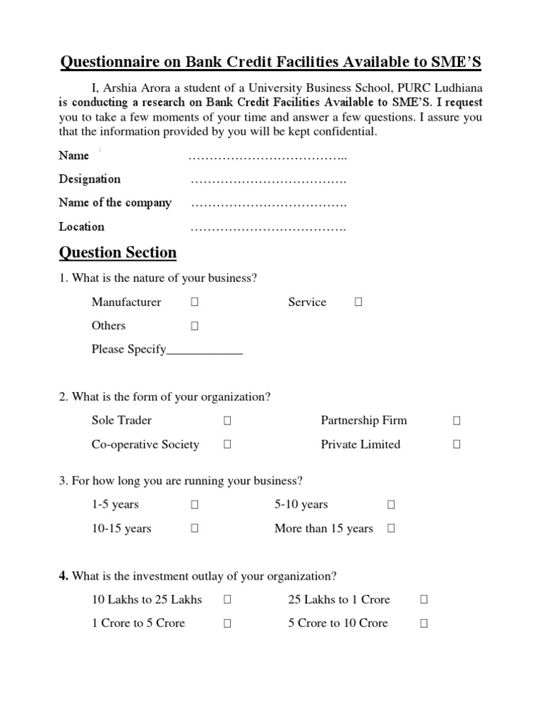 Questionnaire on sme | Loans | Credit (Finance)