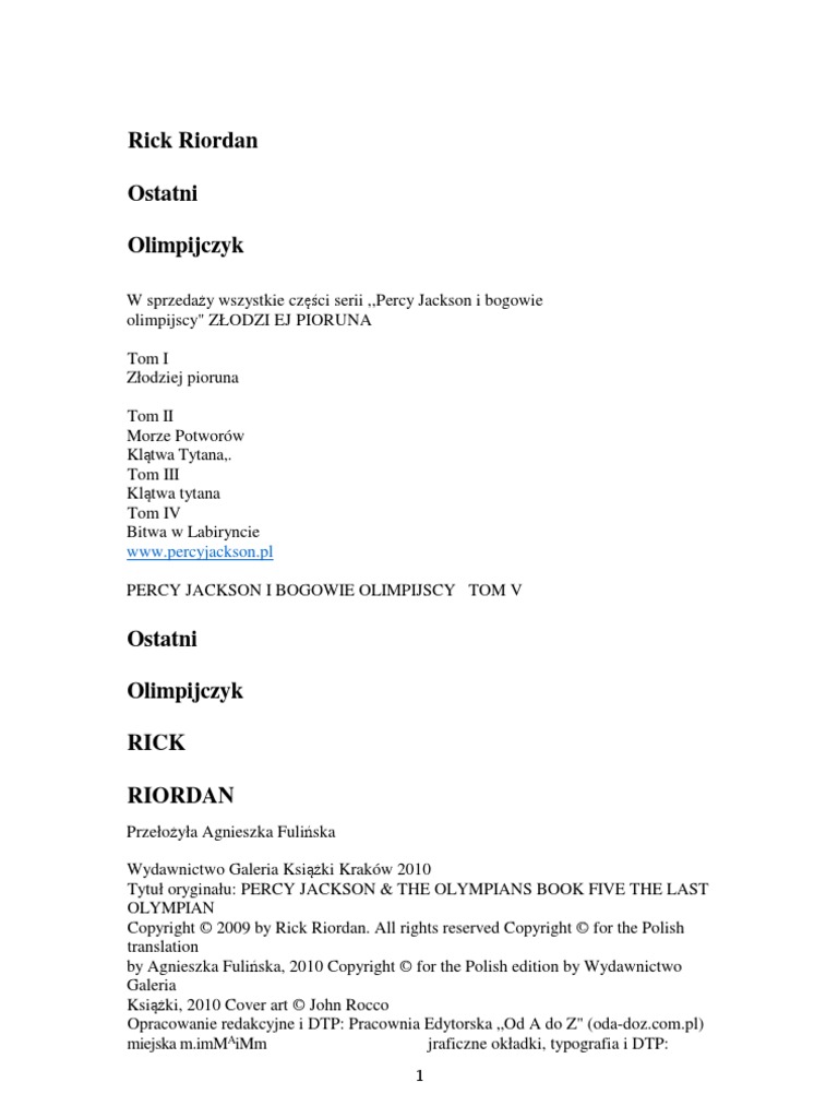 Percy Jackson I Bogowie Olimpijscy Ostatni Olimpijczyk Pdf