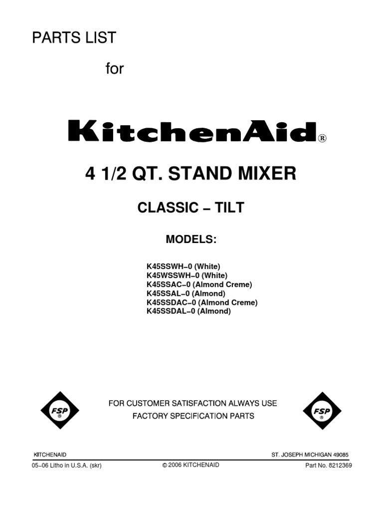 KitchenAid K45SSWH Parts Manual PDF Gear Screw