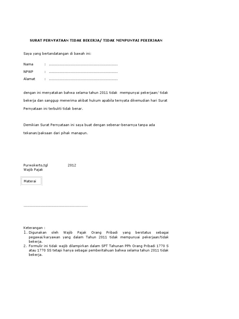 Formulir Contoh Surat Pernyataan Tidak Bekerja Bagi WP 