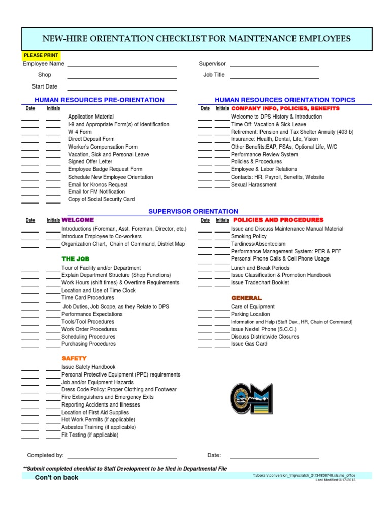 New-Hire Orientation Checklist For Maintenance Employees | PDF | Irs ...
