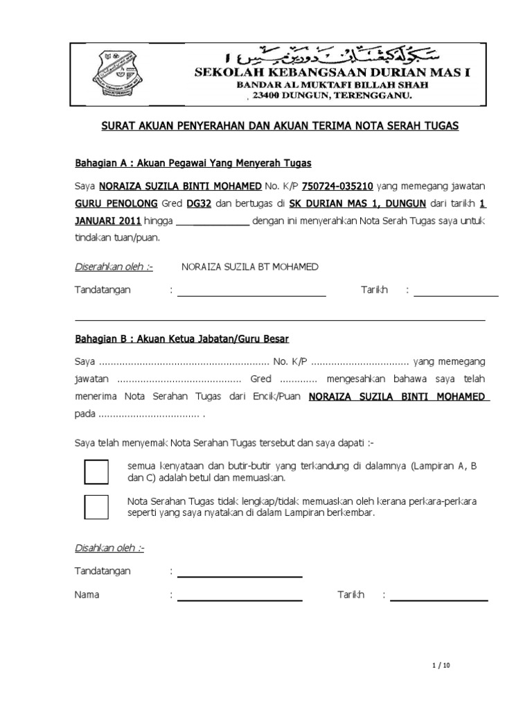 Akuan Penyerahan Dan Nota Serahan Tugas Pdf