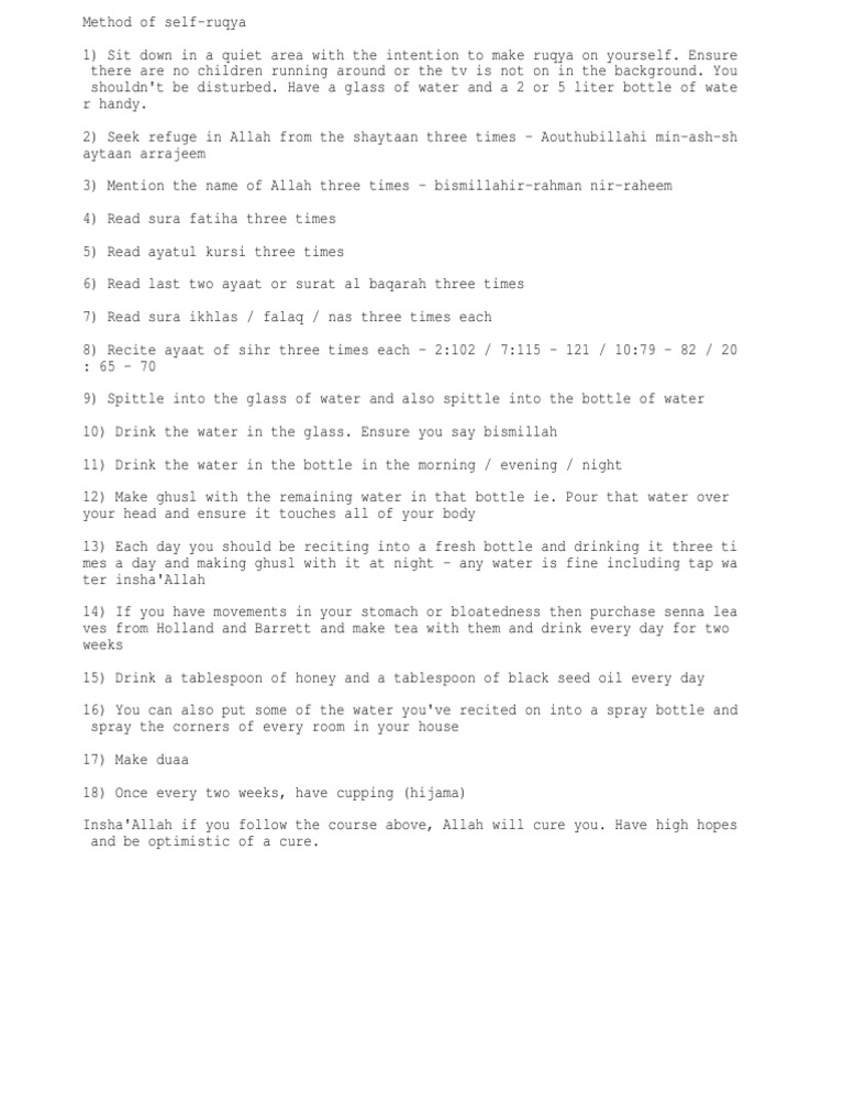 Self-Ruqyah Method Guide | PDF | Islamic Texts | Medieval Arabic Texts