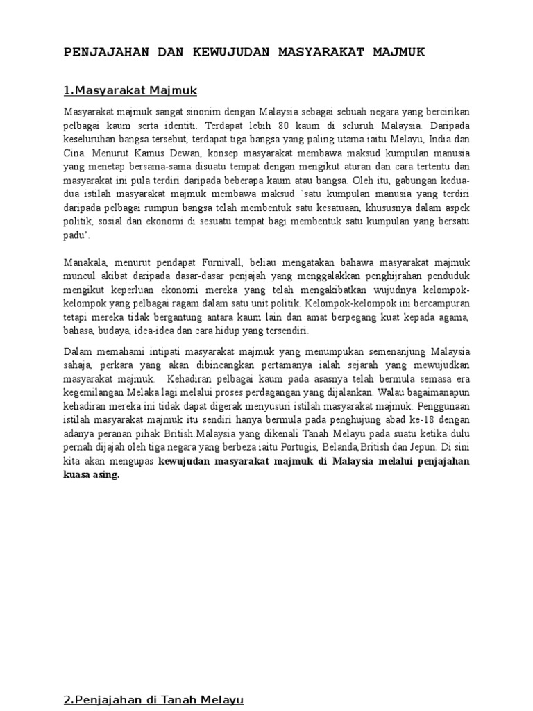 Sejarah Kewujudan Masyarakat Majmuk Di Malaysia Pdf