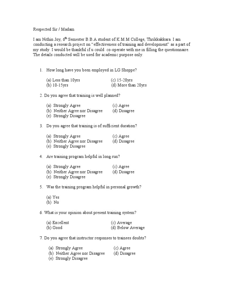 Questionnaire on effectiveness of training and development