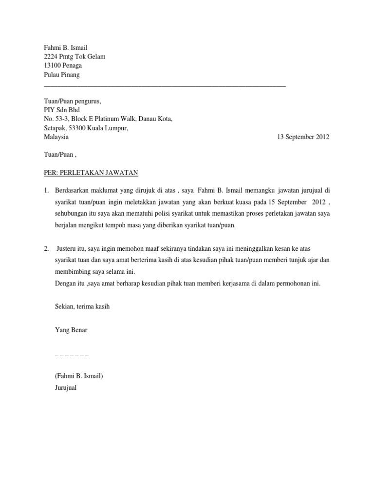 Contoh Surat Berhenti Kerja Sebagai Pemandu Bas Terbaik