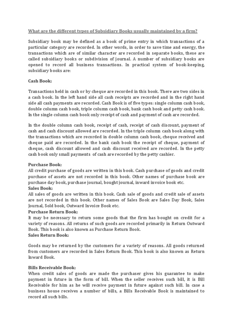 What Are The Different Types of Subsidiary Books Usually Maintained by ...