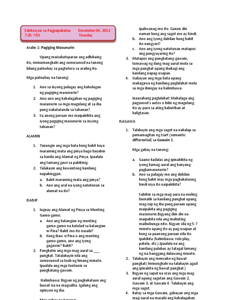 Eduk Sa Pagpapakatao Lesson Plan