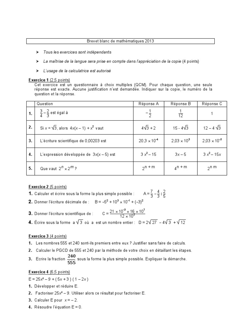Sujet De Brevet Maths Avec Corrigé Pdf 2023 Brevet Blanc Maths 2013 Sujet | PDF | Zone | Objets mathématiques