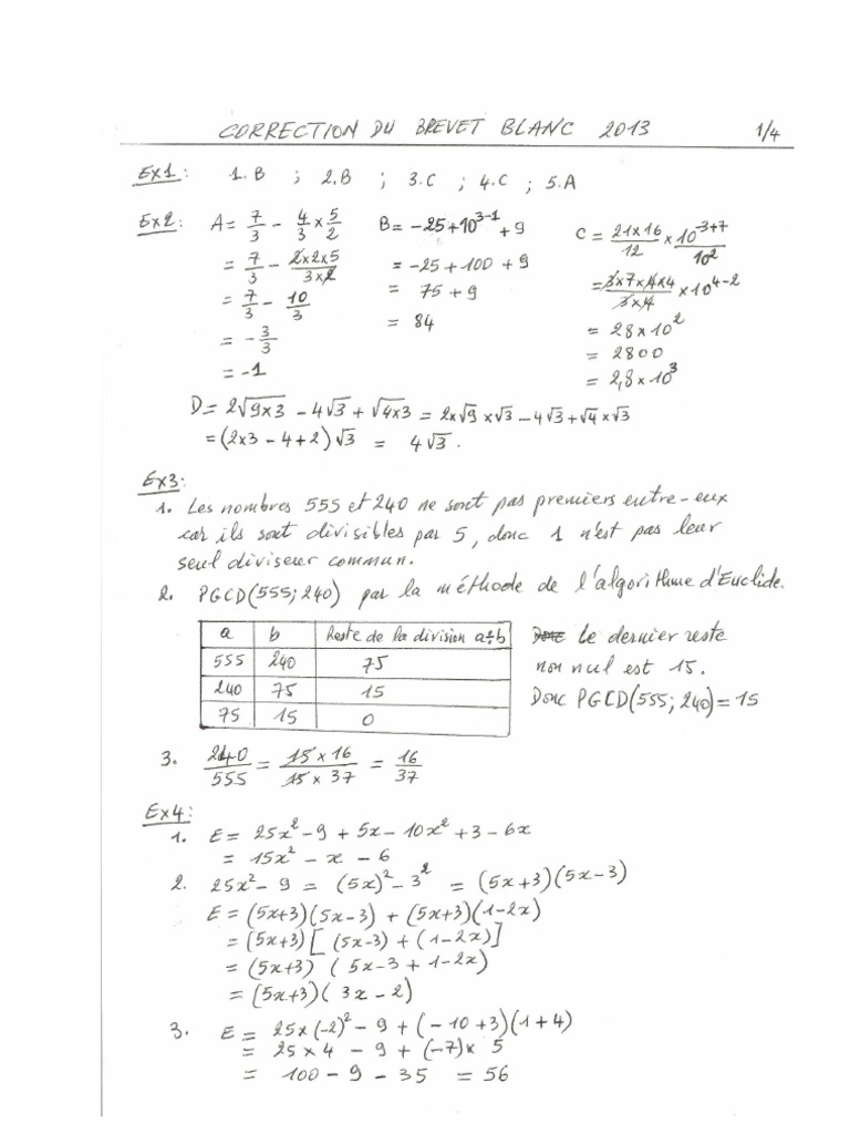 Fiche De Revision Brevet Blanc Maths Brevet Blanc Mathématiques 2013 - Corrigé