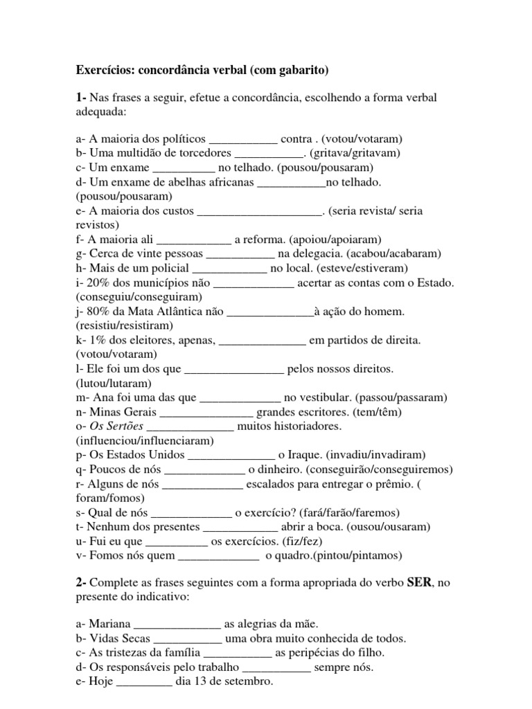Exercícios de Concordância Verbal com Gabarito | PDF | Artes ...