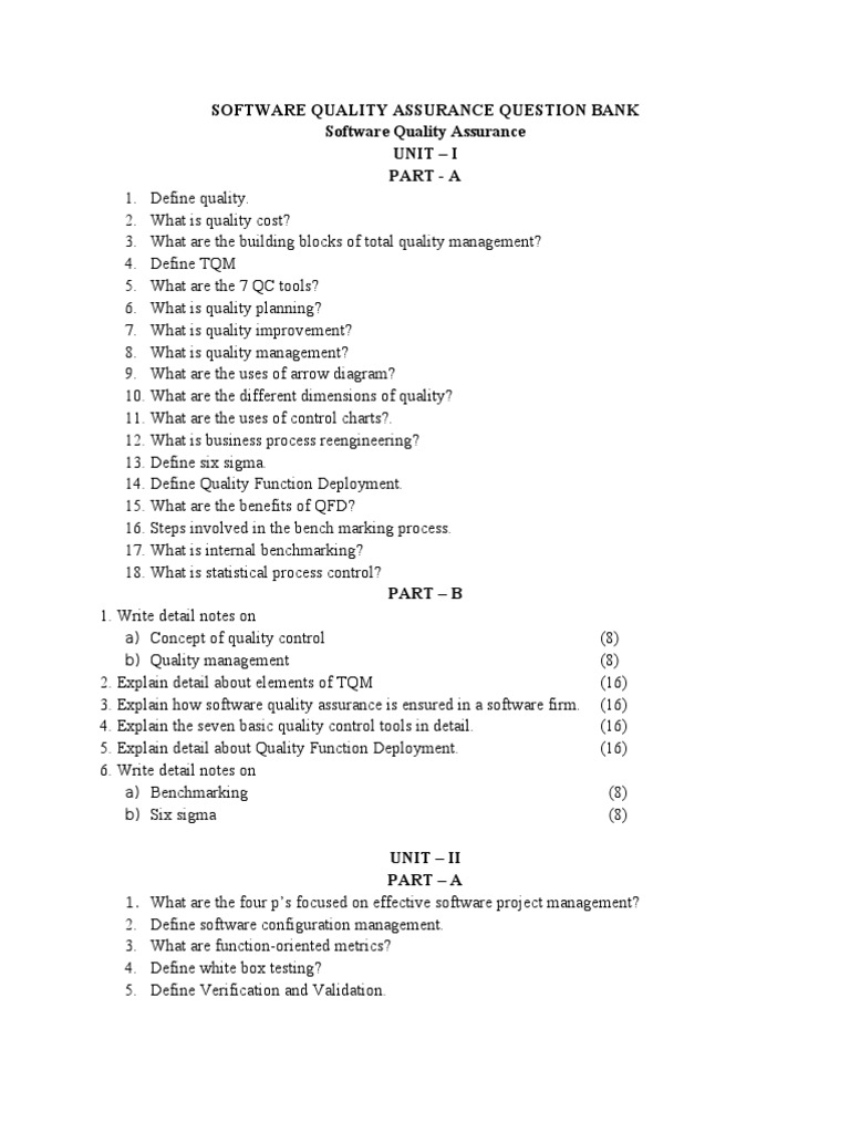 Software Quality Assurance Question Bank | PDF | Quality Management ...