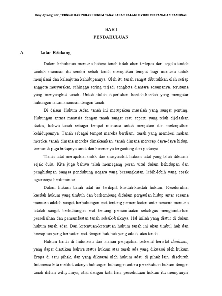Fungsi Dan Peran Hukum Tanah Adat Dalam Hukum Pertanahan Di Indonesia