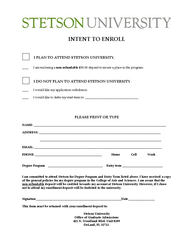 Stetson University Enrollment Intent Form | PDF | Career & Growth ...