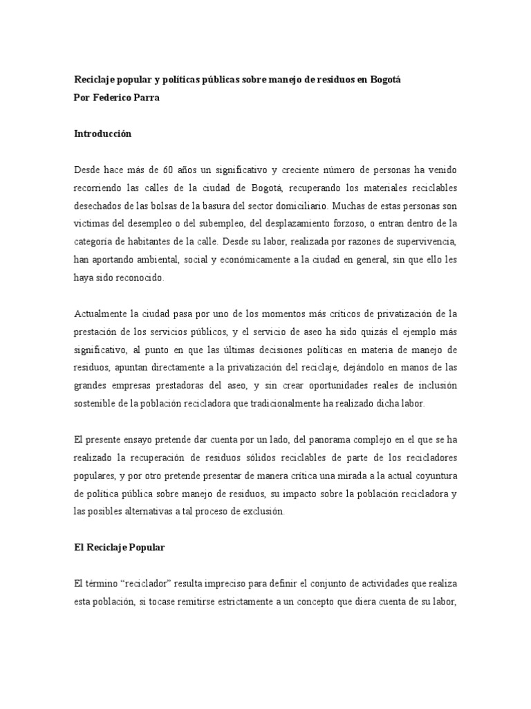 Políticas de Reciclaje en Bogotá | PDF | Reciclaje | Residuos