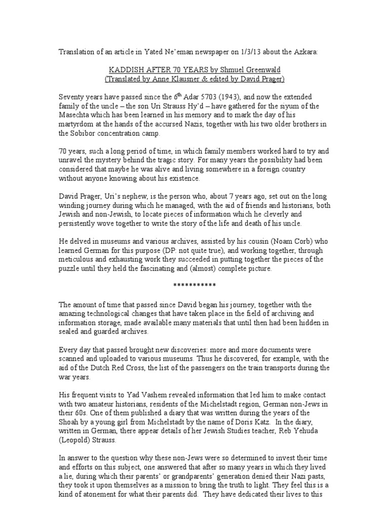 70th Yahrzeit Yated Neeman Article Translation PDF The Holocaust Jews