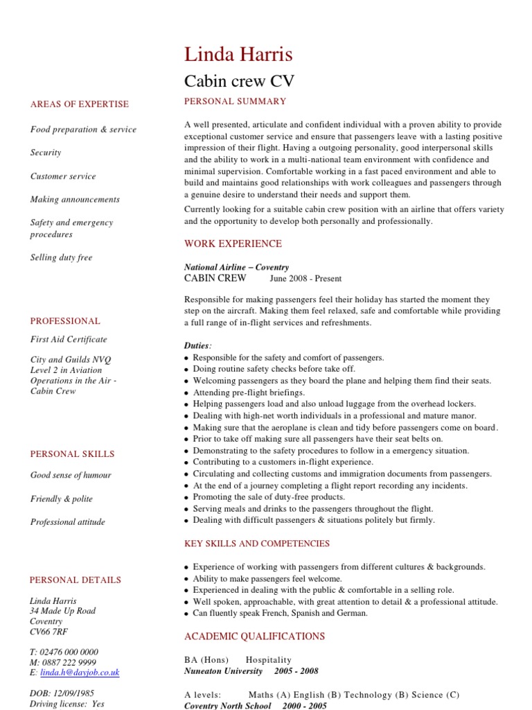 cv personal statement examples cabin crew