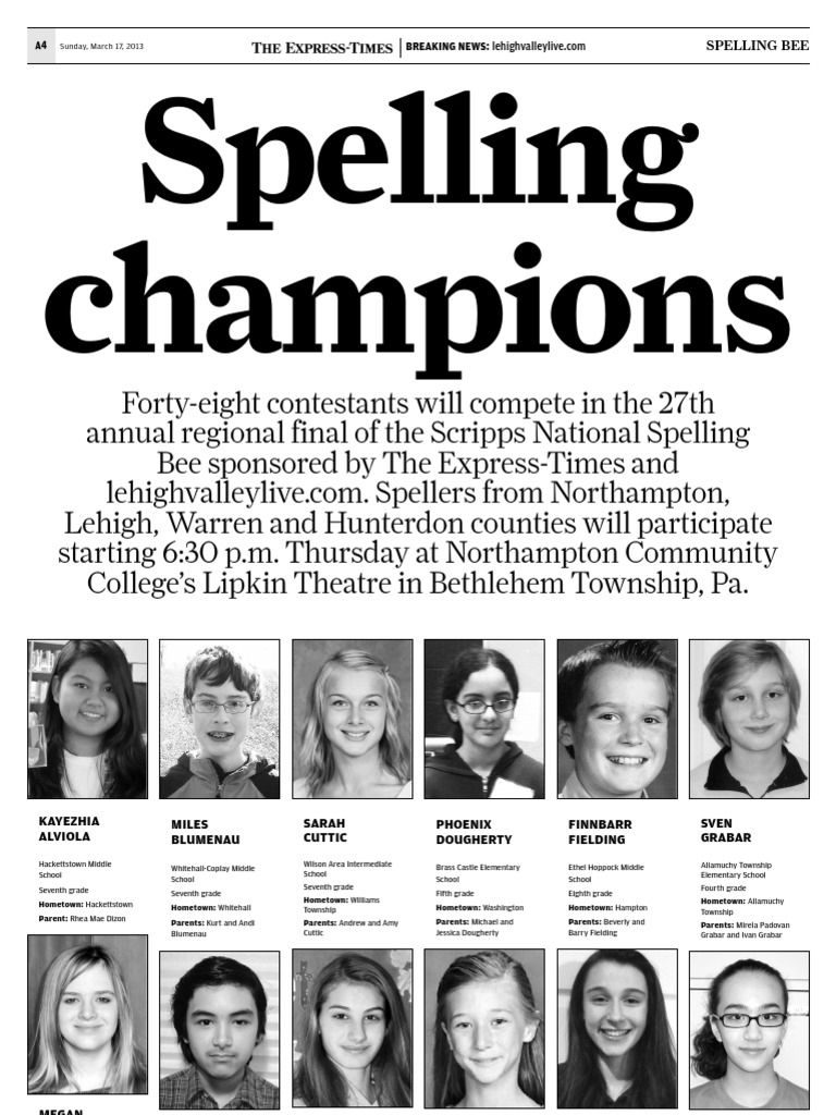 Regional Finalists Scripps National Spelling Bee Page 1 PDF