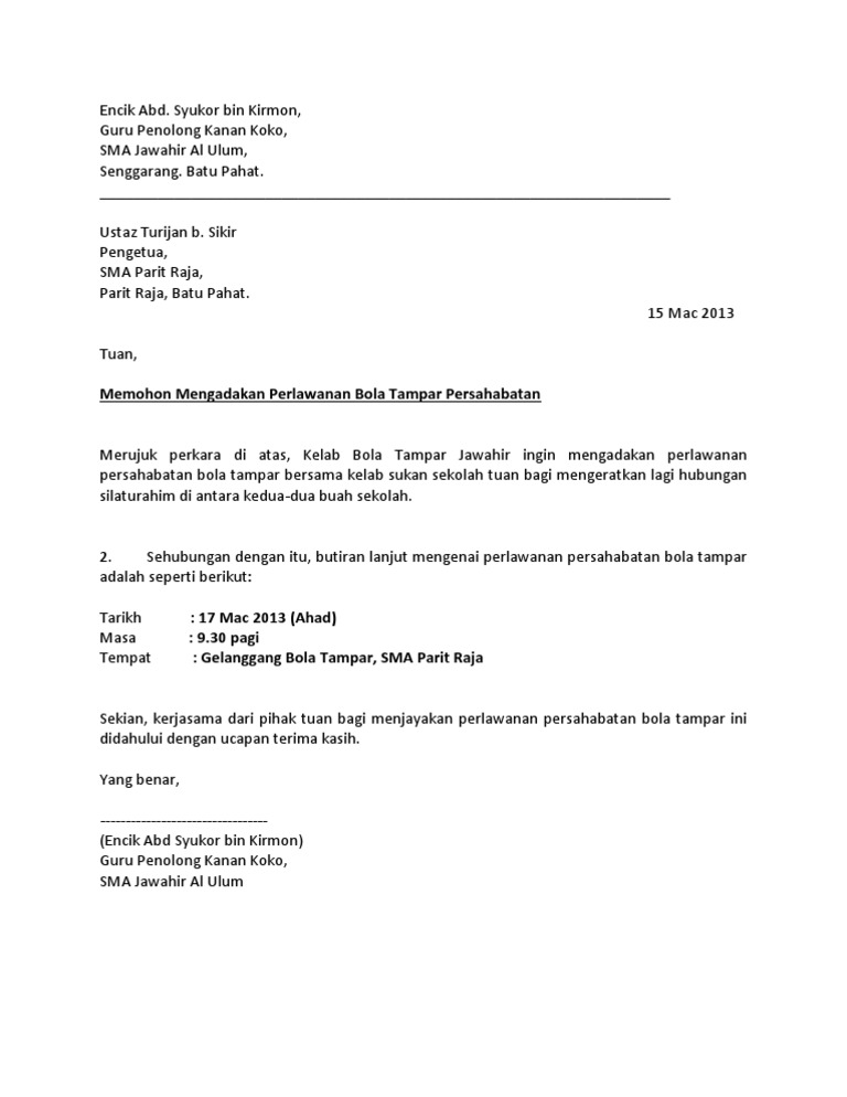 Contoh Surat Perlawanan Persahabatan Bola Jaring