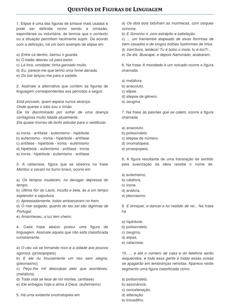 Questões de Figuras de Linguagem | PDF | Técnicas literárias | Metáfora