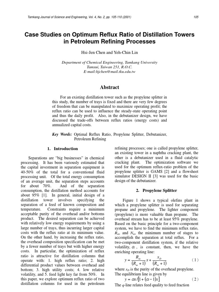Case Studies On Optimum Reflux Ratio of Distillation Towers in ...