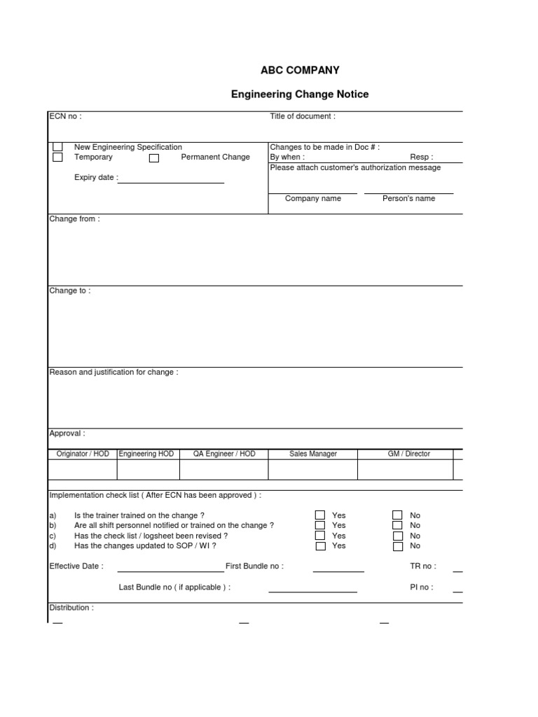 Abc Company Engineering Change Notice: Engineering HOD Originator / HOD ...