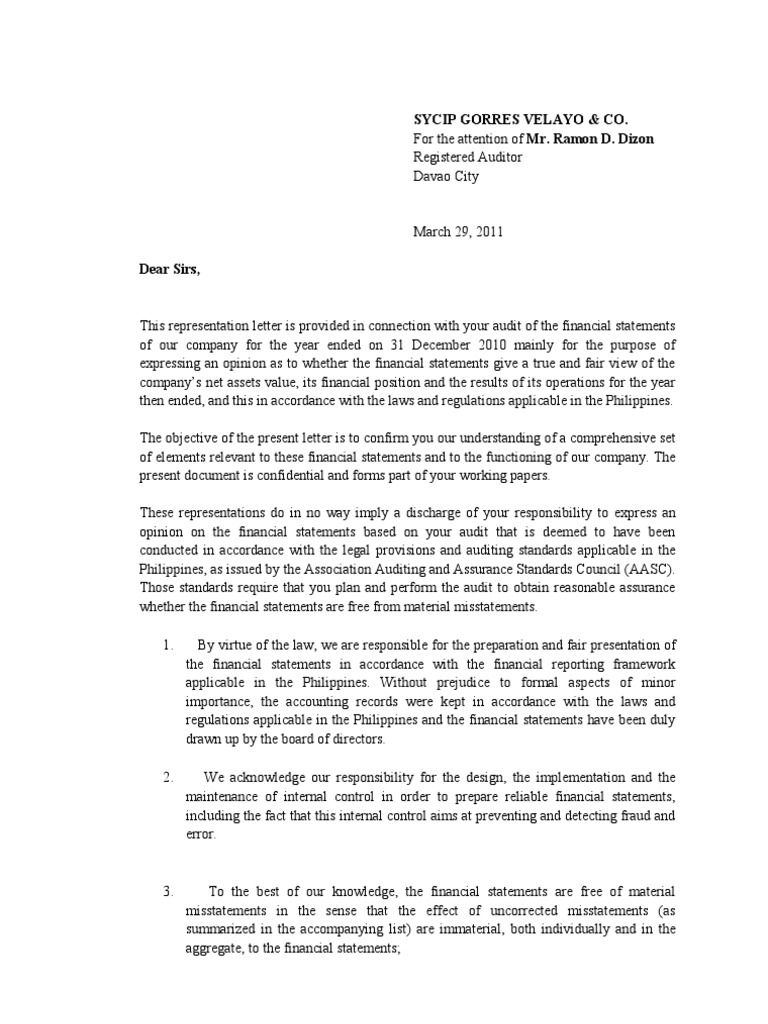 Management Representation Letter Pdf Financial Audit Financial Statement