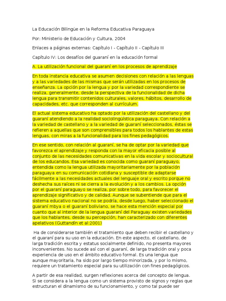 La Educación Bilingüe en La Reforma Educativa Paraguaya | PDF | Palabra ...