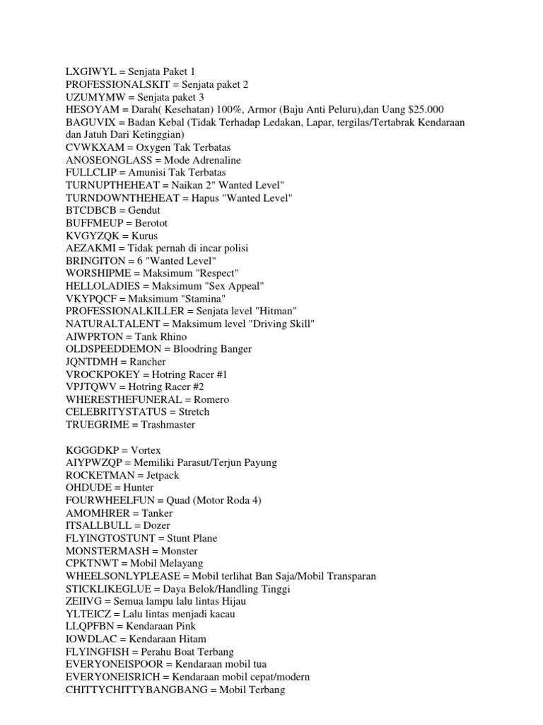 GTA San Andreas Cheat Codes Guide | PDF | Vehicles | Transport