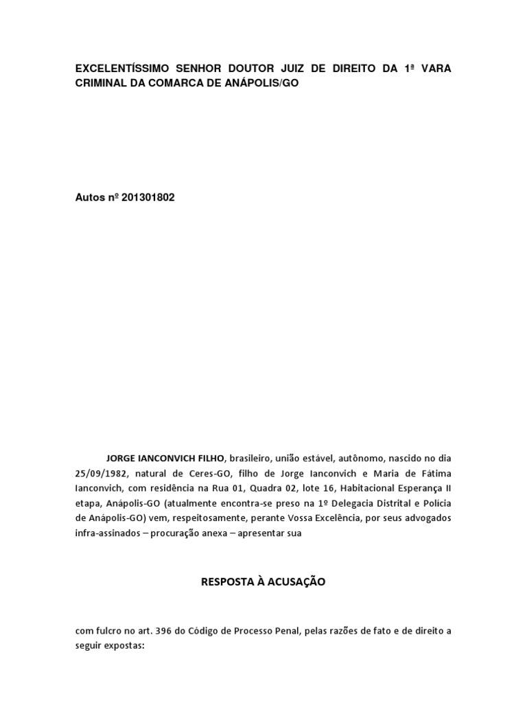 RESPOSTA À ACUSAÇÃO | Procedimento criminal | Crimes