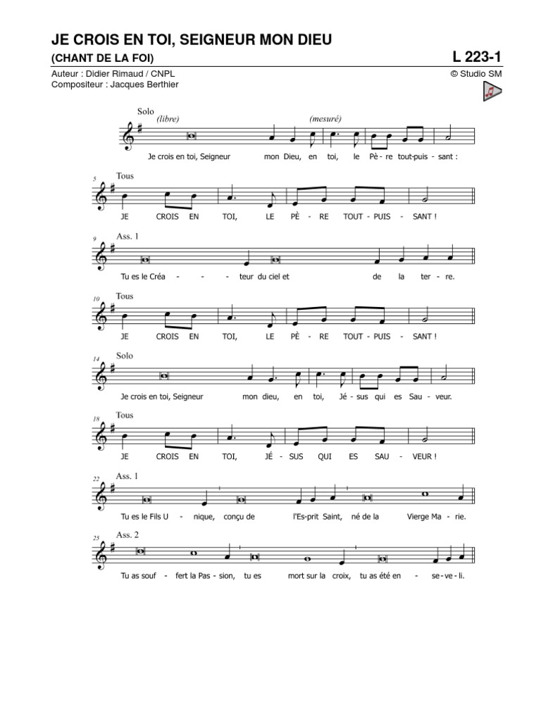 Je Crois En Toi Seigneur Mon Dieu Partition L223 1 Pdf