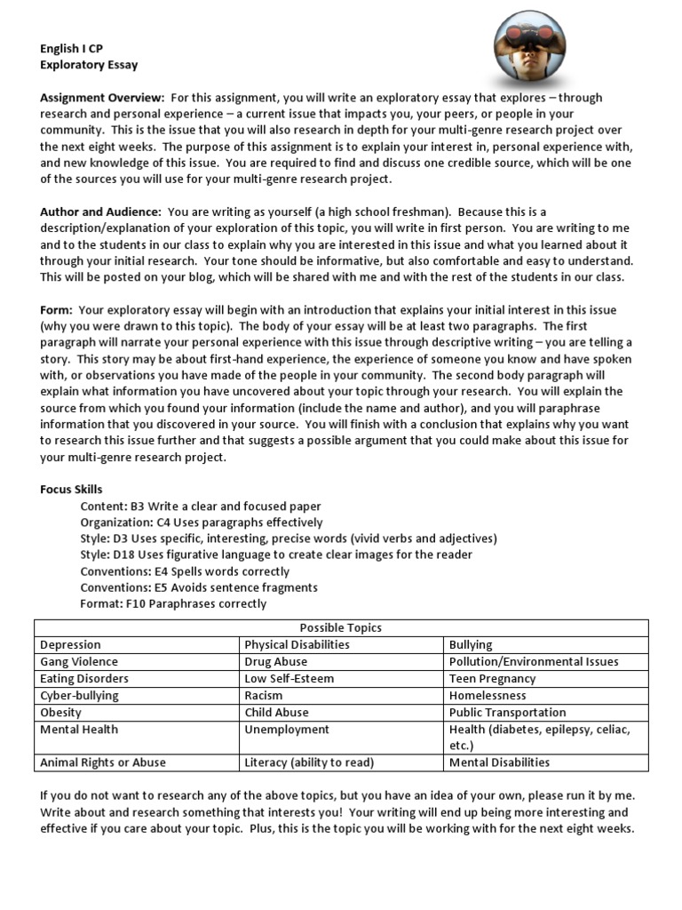 English I Exploratory Essay | PDF | Essays | Rubric (Academic)