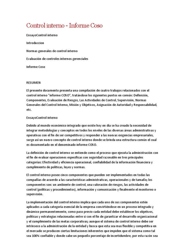 Informe COSO sobre Control Interno | PDF | Toma de decisiones ...
