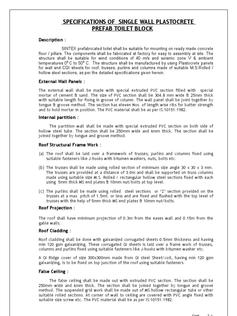Specification of Toilet Block PDF Wall Roof