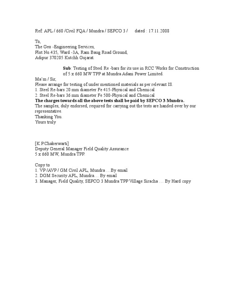 Steel Re-bar Testing Request Letter | PDF | Science & Mathematics ...