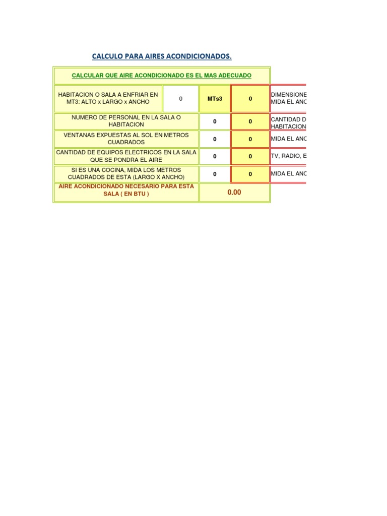Calculo De Aire Acondicionado Xls