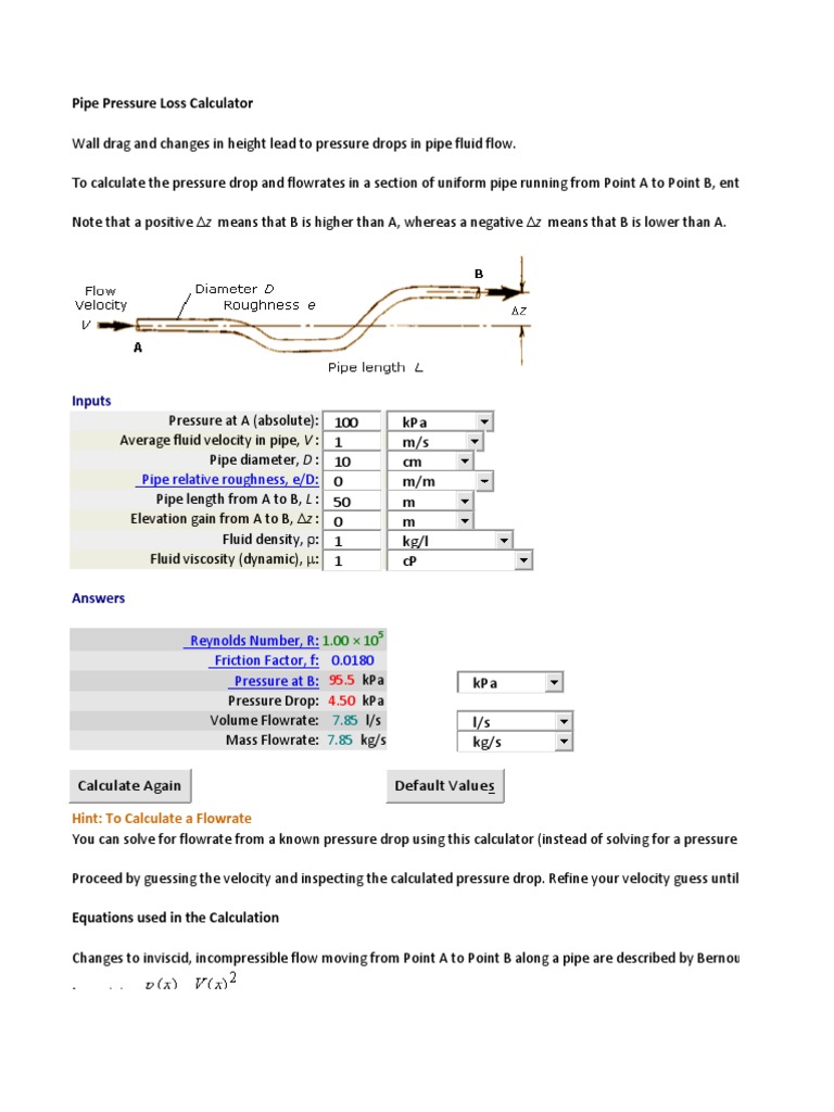 Pipe Pressure Loss Calculator Fluid Dynamics Reynolds Number