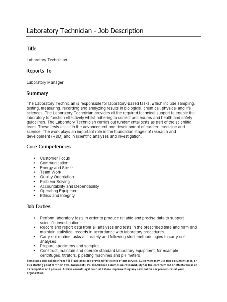 Lab Technician Job Description PDF Laboratories Scientific Method