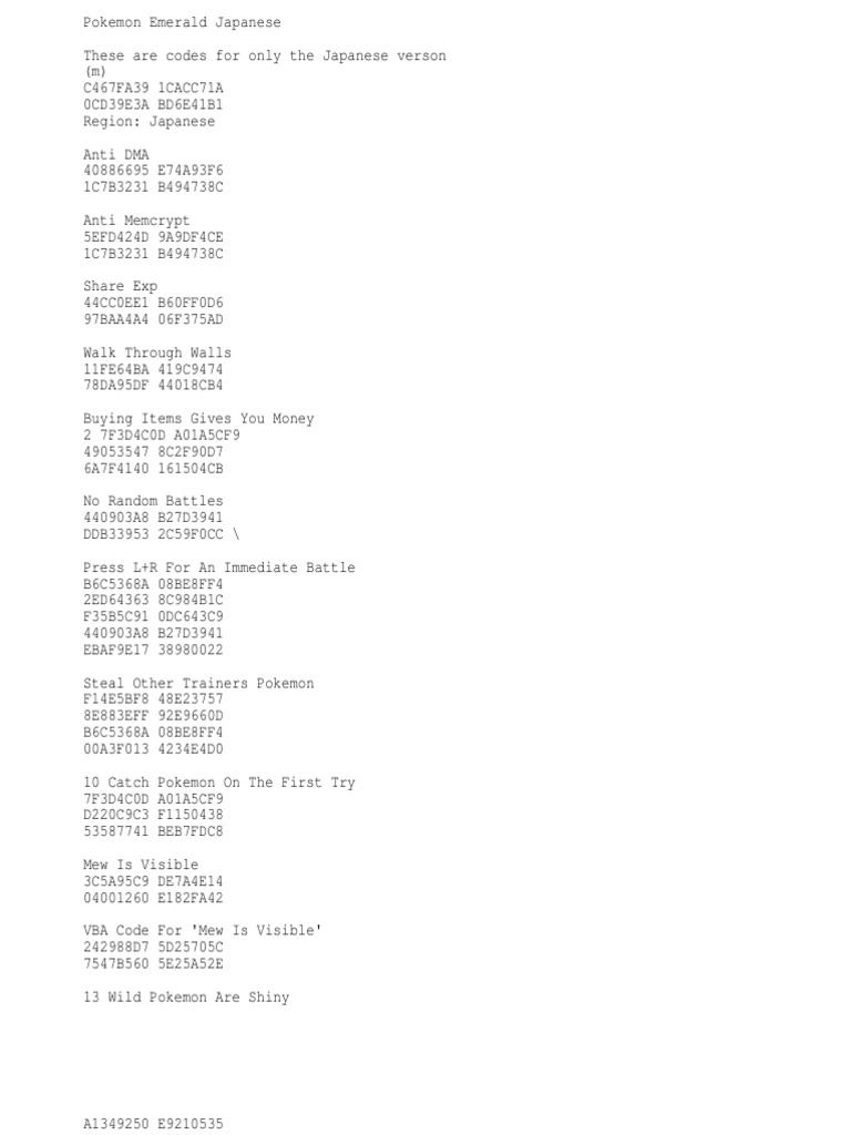 Japanese Codes for Pokémon Emerald | PDF