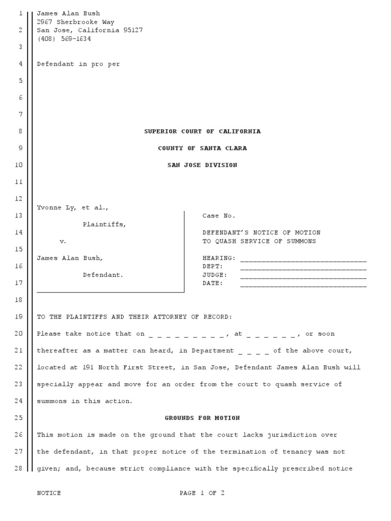 Notice of Motion to Quash Service of Summons