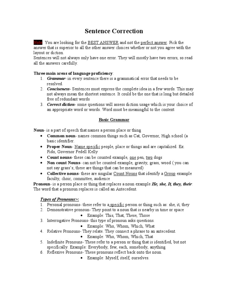 Correction Of Sentences With Answers