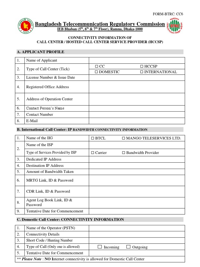 Call Center Connectivity Info Form | PDF | Business | Technology ...