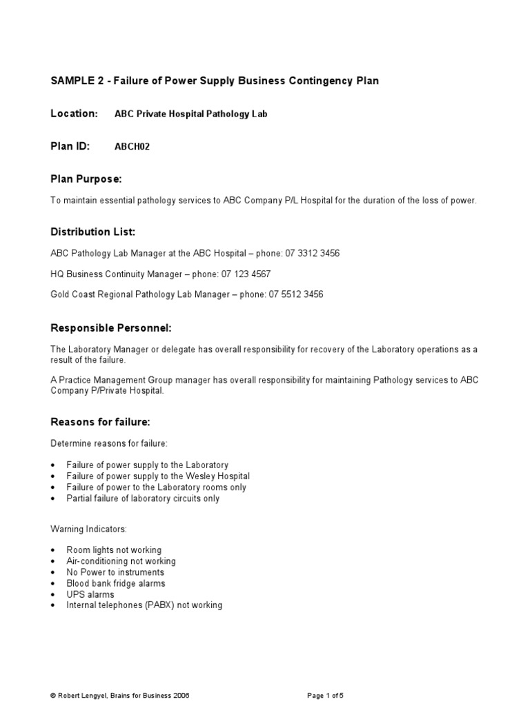 Sample Loss of Power Supply Contingency Plan | PDF | Telephone | Power ...