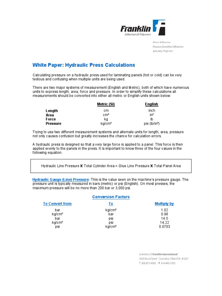 Hydraulic Press Calculation Guide | PDF | Pressure | Measurement