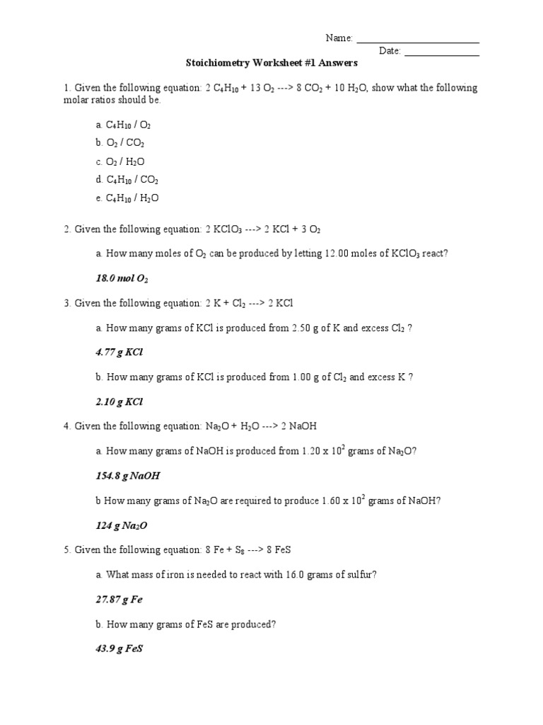 stoichiometry-worksheet-answers